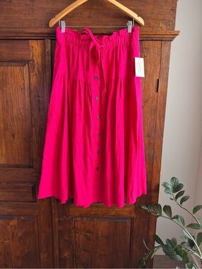 Universal Thread Tie Waist ButtonFront Midi Skirt Pink Linen Blend